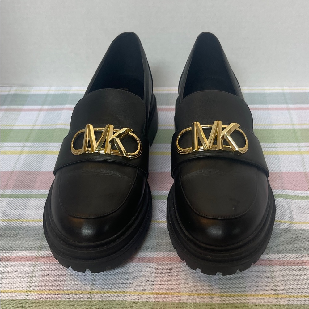 Michael Kors Black Leather Loafers with Gold MK Emblem